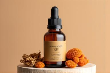 A minimalist amber glass bottle filled with adaptogenic capsules, surrounded by dried reishi mushrooms and ashwagandha roots, conveying natural stress relief.