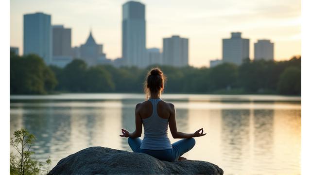 Woman meditating calmly by Lady Bird Lake, Austin, reflecting peace amidst urban life