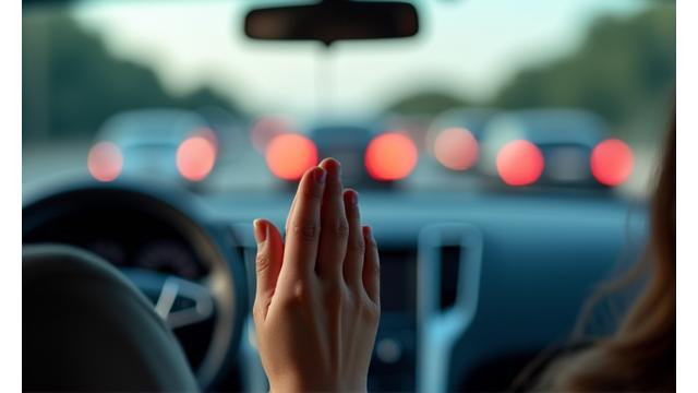 Person practicing mindfulness in their car during Austin traffic