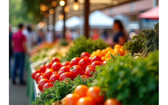A colorful farmers market stall with fresh, local produce, representing Austin's vibrant food scene.