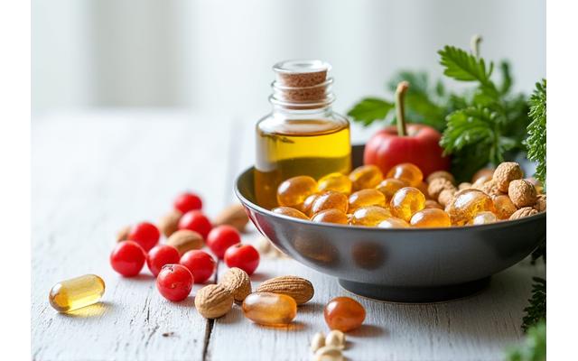 Assorted dietary supplements and nutrient-rich whole foods, illustrating the balance of supplementation and natural diet.