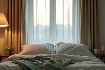 A serene bedroom scene with soft lighting, indicating restful sleep and optimized sleep environment.