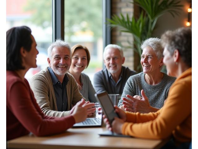 Diverse group of adults in Austin discussing wellness topics.